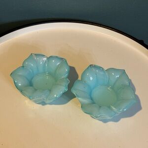 Set of Two Crate&Barrel Blue Flower Glass Tealight candle holders, Made in Italy